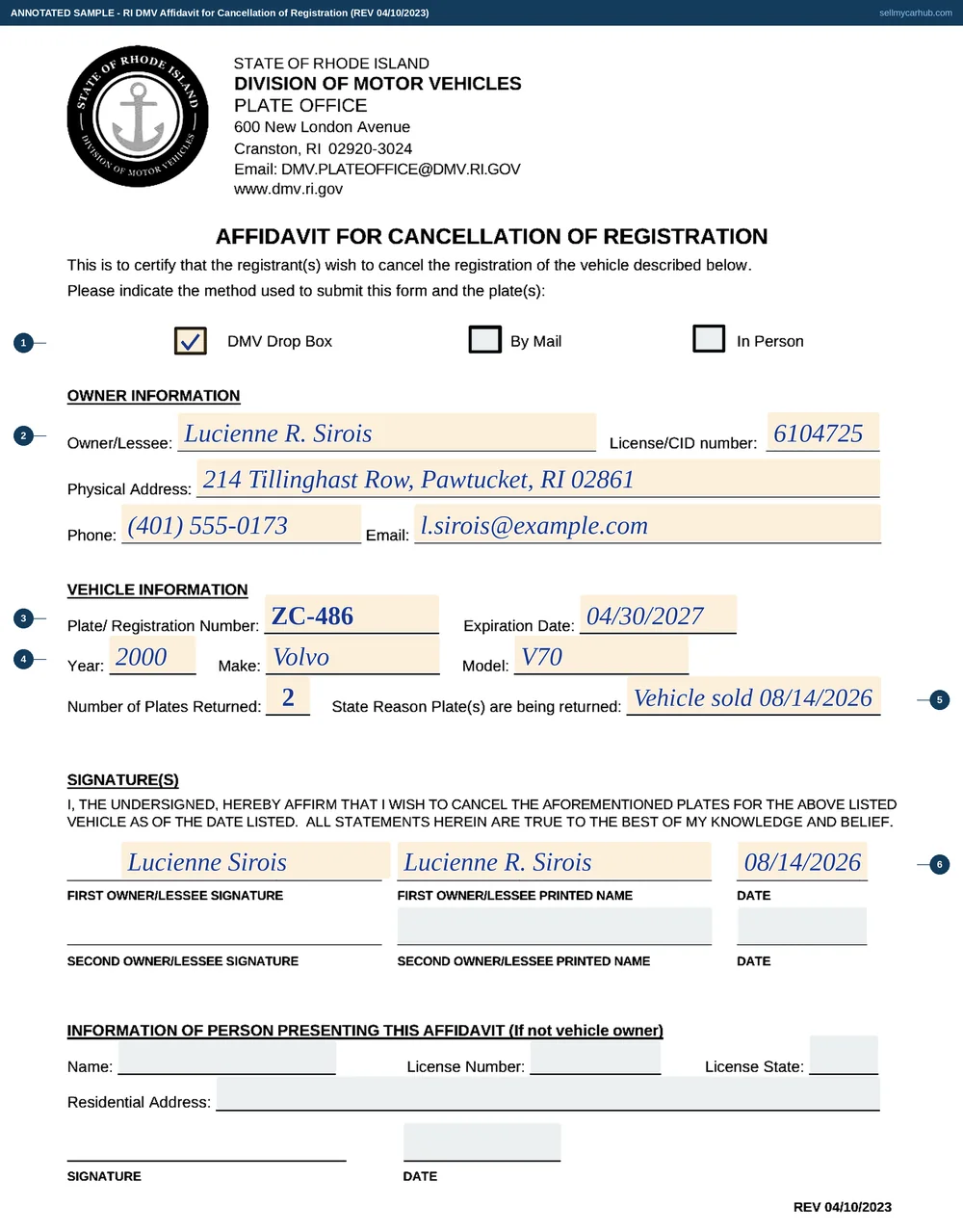 The Rhode Island Affidavit for Cancellation of Registration filled in as an annotated sample: the DMV Drop Box method ticked, the owner Lucienne R. Sirois of Tillinghast Row, Pawtucket with her licence number, phone and email, plate ZC-486 expiring 30 April 2027 on a 2000 Volvo V70, two plates returned with the reason given as vehicle sold to a private buyer on 14 August 2026, and the first owner signature, printed name and date completed with the second owner rows and the person-presenting block left empty.