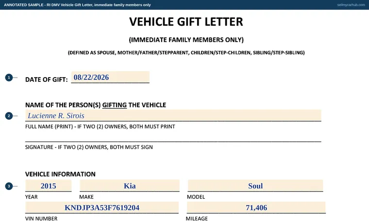 Top of our filled-in example of Rhode Island Gift Letter (family), Vehicle Gift Letter - Immediate Family Members Only