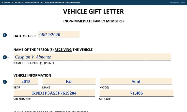 Top of our filled-in example of Rhode Island Gift Letter (non-family), Vehicle Gift Letter - Non-Immediate Family Members