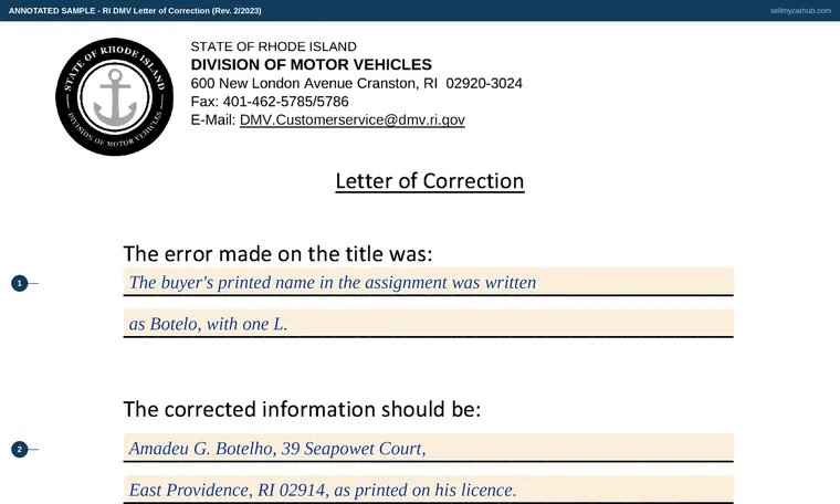 Top of our filled-in example of Rhode Island Letter of Correction, Letter of Correction