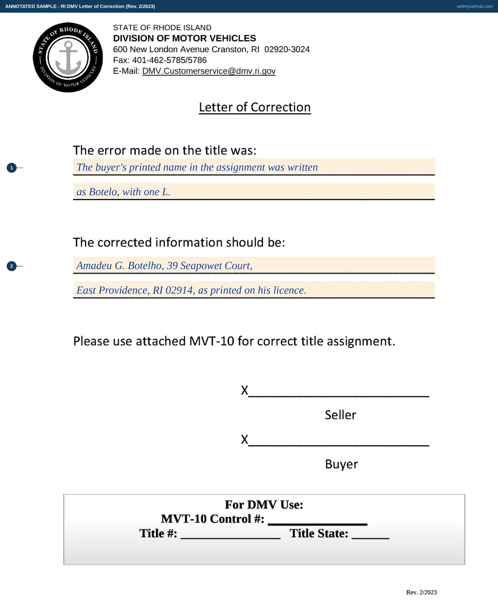 The Rhode Island Letter of Correction filled in as an annotated sample: the error described as the buyer's surname written as Botelho in the assignment when the licence reads Botelho with one L, and the correction giving the buyer's full legal name and address as it appears on the licence, with the seller and buyer signature rules beneath and the DMV use block at the foot left empty.