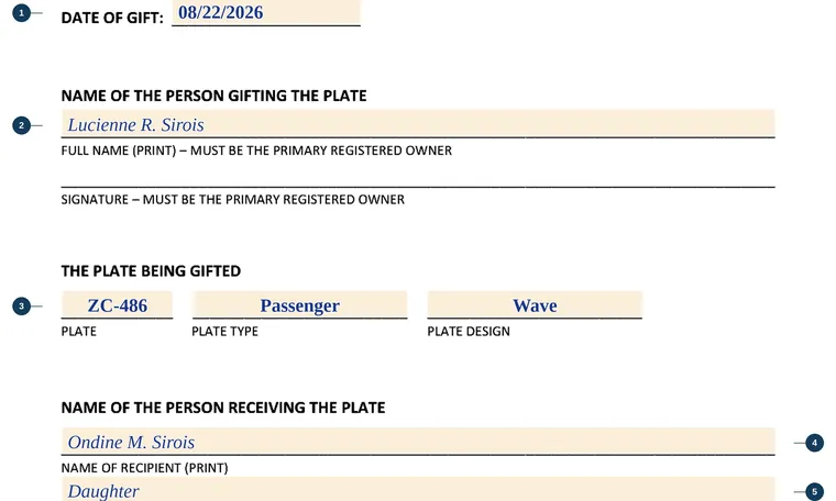 Part of our filled-in example of Rhode Island Plate Gift Letter, Plate Gift Letter, showing the filled-in entries