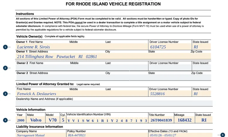Part of our filled-in example of Rhode Island POA, Limited Power of Attorney for Rhode Island Vehicle Registration, showing the filled-in entries