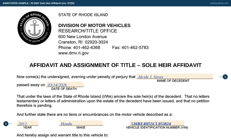 Top of our filled-in example of Rhode Island Sole Heir Affidavit, Affidavit and Assignment of Title - Sole Heir Affidavit