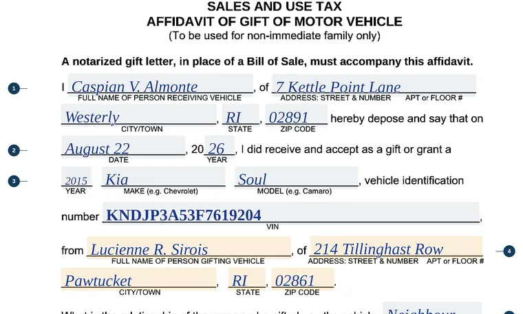 Part of our filled-in example of Rhode Island SU 87-65, Sales and Use Tax Affidavit of Gift of Motor Vehicle, showing the filled-in entries