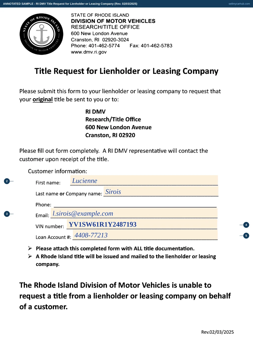 The Rhode Island Title Request for Lienholder or Leasing Company filled in as an annotated sample: the customer Lucienne Sirois, a contact email, the vehicle identification number of a 2000 Volvo V70 and a loan account number, on a one-page sheet addressed to the lienholder and stating at the foot that the RI DMV is unable to request a title from a lienholder or leasing company on behalf of a customer.
