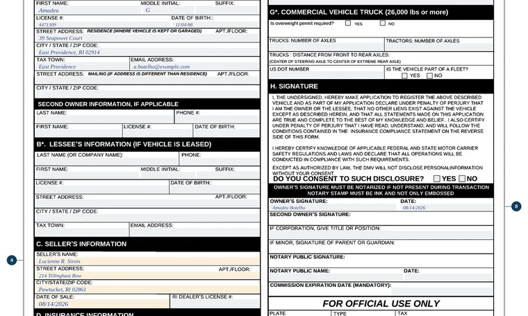 Part of our filled-in example of Rhode Island TR-1, Application for Registration and Title Certificate, showing the filled-in entries