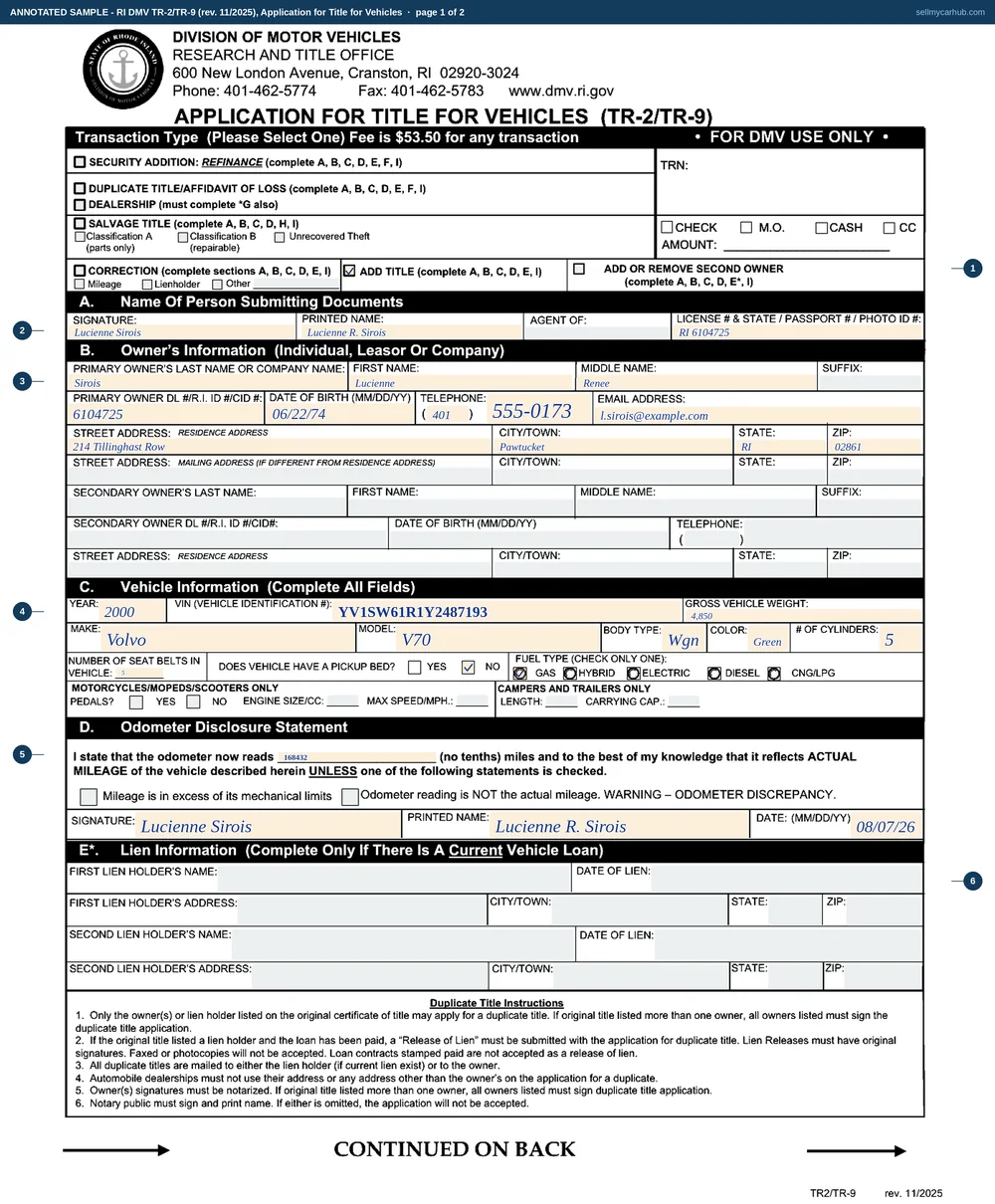 The Rhode Island Application for Title for Vehicles filled in as an annotated sample. Page one carries the ADD TITLE tick at the top, the owner Lucienne R. Sirois of Pawtucket in section A and again in section B with a Rhode Island licence number and a Pawtucket address, a 2000 Volvo V70 wagon in section C with its vehicle identification number, gross weight, colour and five cylinders, and an odometer disclosure of 168,432 miles in section D signed and dated by the owner with neither qualifying box ticked. Section E is empty because there is no loan. Page two shows the duplicate and dealership blocks greyed and unused, the salvage warning printed in full, and the signature section carrying the owner's signature, the date and a No answer to the disclosure consent question.