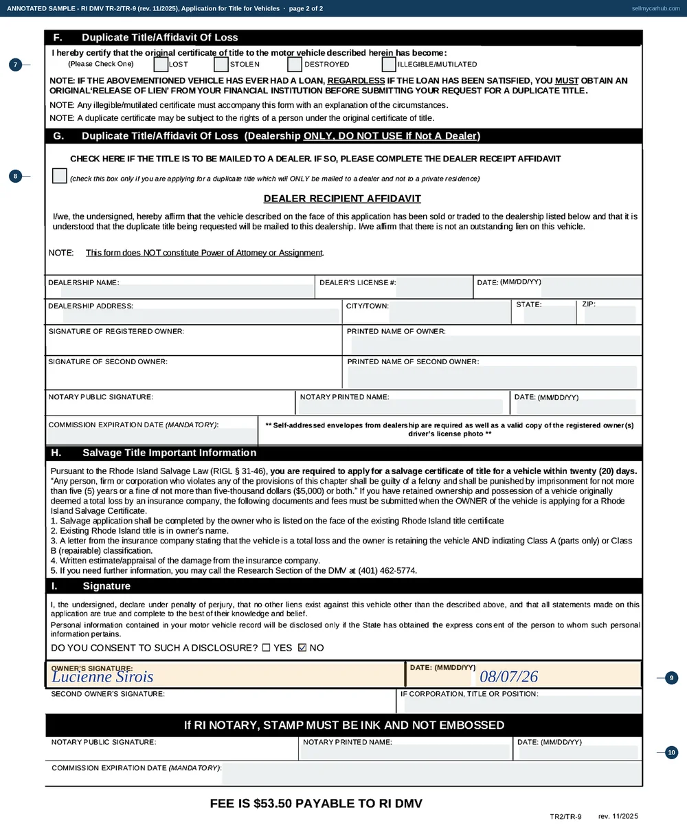 The Rhode Island Application for Title for Vehicles filled in as an annotated sample. Page one carries the ADD TITLE tick at the top, the owner Lucienne R. Sirois of Pawtucket in section A and again in section B with a Rhode Island licence number and a Pawtucket address, a 2000 Volvo V70 wagon in section C with its vehicle identification number, gross weight, colour and five cylinders, and an odometer disclosure of 168,432 miles in section D signed and dated by the owner with neither qualifying box ticked. Section E is empty because there is no loan. Page two shows the duplicate and dealership blocks greyed and unused, the salvage warning printed in full, and the signature section carrying the owner's signature, the date and a No answer to the disclosure consent question.