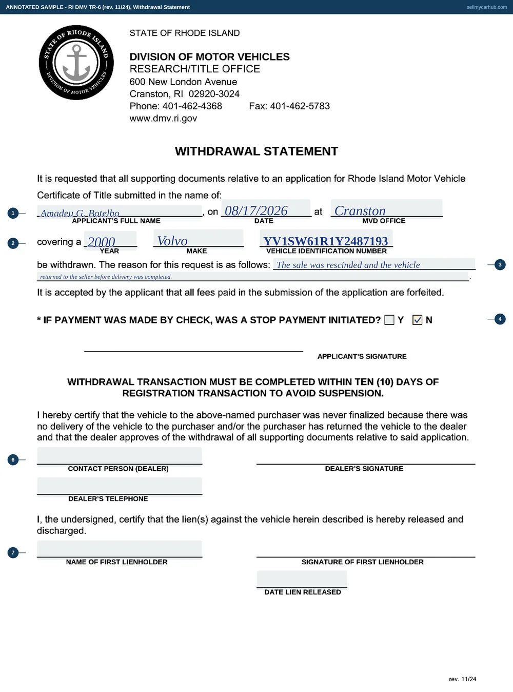The Rhode Island Withdrawal Statement filled in as an annotated sample: an application submitted in the name of Amadeu G. Botelho on 17 August 2026 at the Cranston office, covering a 2000 Volvo with its vehicle identification number, a stated reason that the sale was rescinded and the vehicle returned to the seller before delivery was completed, the stop payment question answered No, and the dealer certification and lien release blocks below left empty and greyed.