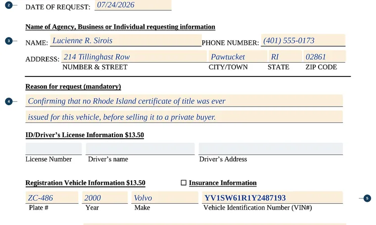 Part of our filled-in example of Rhode Island TRLI, Request for Information - Title / Registration / ID / Driver License, showing the filled-in entries