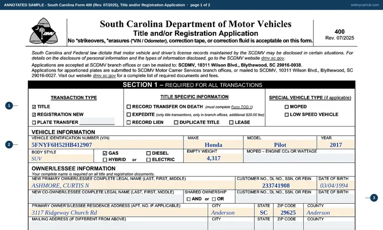 Top of page 1 of our filled-in example of South Carolina 400, Title and/or Registration Application