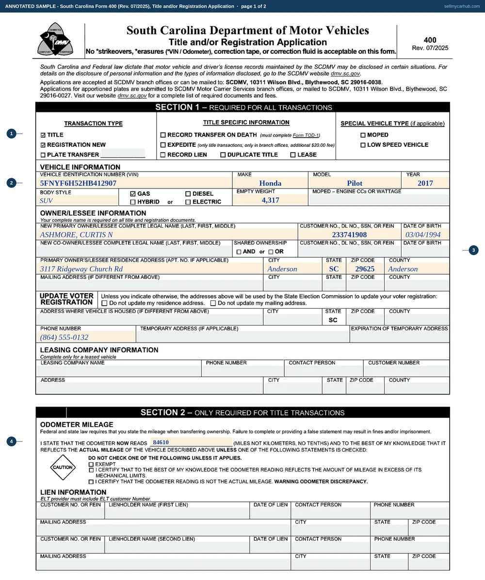 South Carolina Form 400 filled in for one private sale: the TITLE and REGISTRATION NEW boxes ticked, a 2017 Honda Pilot with vehicle identification number 5FNYF6H52HB412907, Curtis N. Ashmore of Anderson as the new owner, an odometer reading of 84,610 with no statement checked, no lien recorded, a purchase price of 19,400 dollars from Delphine R. Ravenel of Summerville on 12 September 2026, a new plate requested, and the application signed and dated.