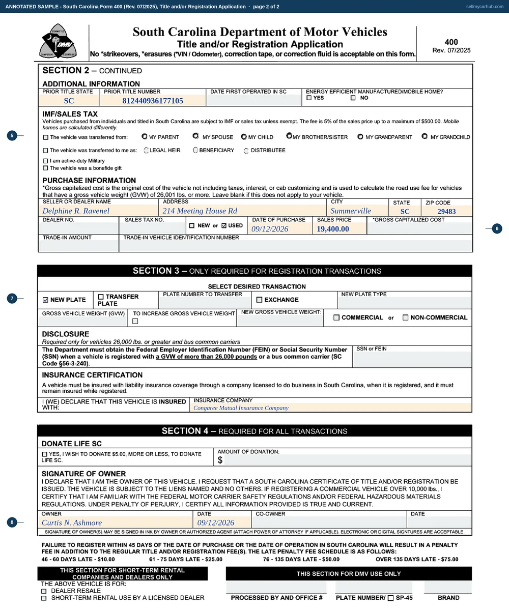 South Carolina Form 400 filled in for one private sale: the TITLE and REGISTRATION NEW boxes ticked, a 2017 Honda Pilot with vehicle identification number 5FNYF6H52HB412907, Curtis N. Ashmore of Anderson as the new owner, an odometer reading of 84,610 with no statement checked, no lien recorded, a purchase price of 19,400 dollars from Delphine R. Ravenel of Summerville on 12 September 2026, a new plate requested, and the application signed and dated.