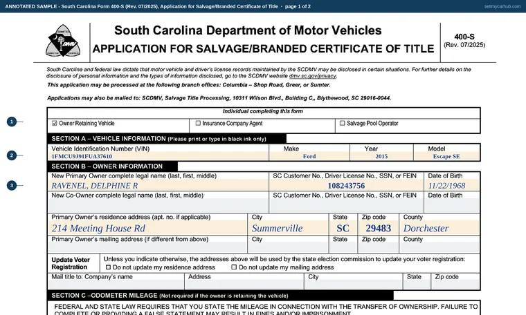 Top of page 1 of our filled-in example of South Carolina 400-S, Application for Salvage/Branded Certificate of Title