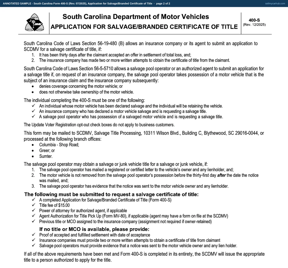 South Carolina form 400-S filled in with the Owner Retaining Vehicle box ticked: Delphine R. Ravenel of Summerville applies for a salvage title to a 2015 Ford Escape, vehicle identification number 1FMCU9J91FUA37610, transferred on 21 October 2026 from prior South Carolina title 745210338490216, described as salvage with flood damage, a predamaged value of 9,400 dollars against a repair estimate of 8,150 dollars giving 87 per cent, with the box ticked confirming the insurance company authorised the owner to retain the vehicle, and signed on 21 October 2026.
