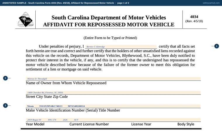 Top of page 1 of our filled-in example of South Carolina 4034, Affidavit for Repossessed Motor Vehicle