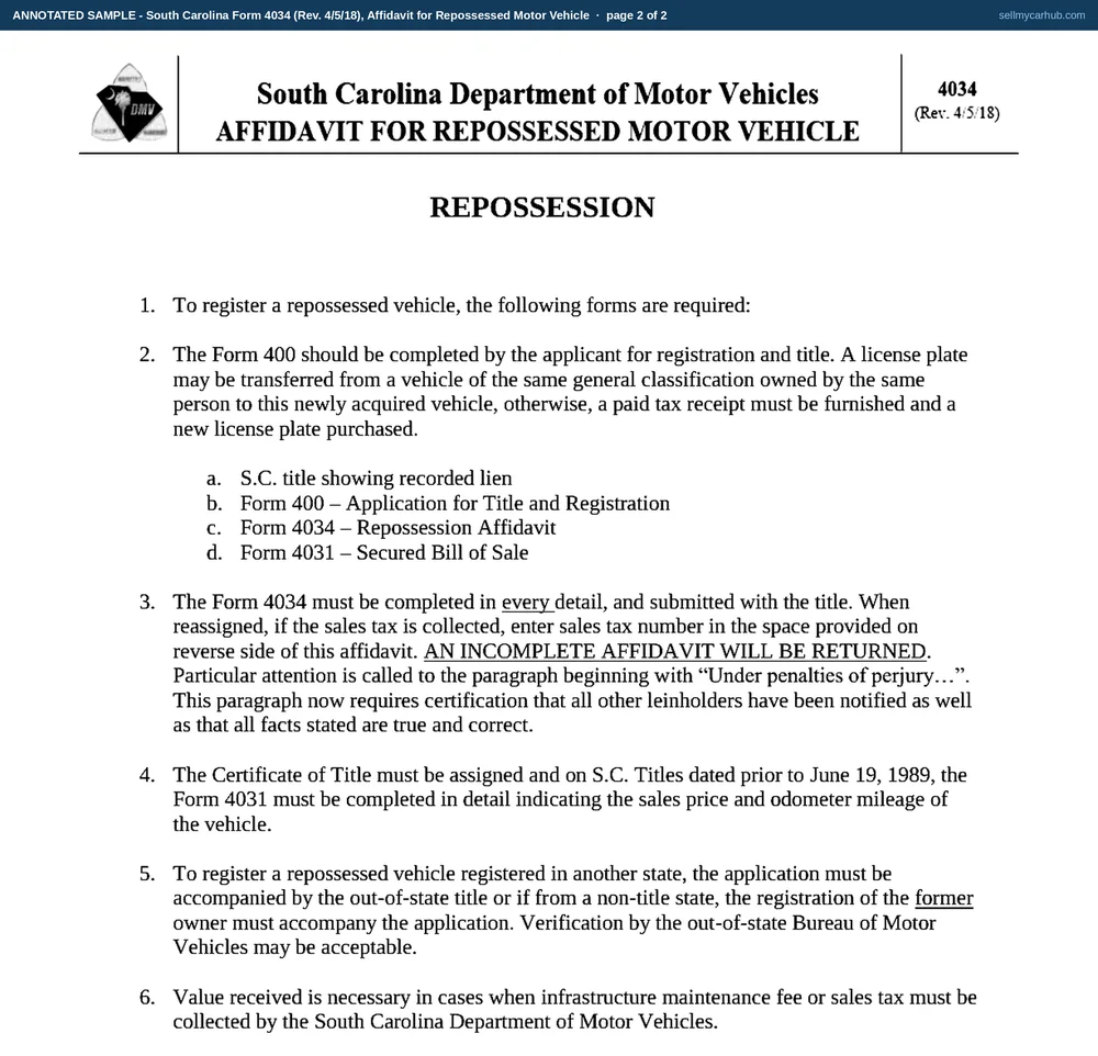 South Carolina form 4034 filled in by a lender: Bernice T. Kittredge of Palmetto Ridge Federal Credit Union certifies the repossession on 2 April 2026 of a 2019 Nissan Rogue, vehicle identification number 5N1AT2MV4KC748213, title number 907315482260114, from Marcus D. Threadgill of Florence, against an original lien of 21,300 dollars dated 8 June 2021, and assigns the vehicle for 9,750 dollars to Lowcountry Auto Exchange of North Charleston for disposition or sale.