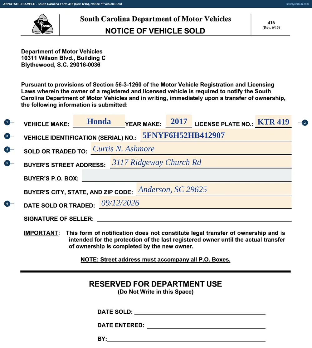 South Carolina Form 416 filled in: a 2017 Honda Pilot, year 2017, plate KTR 419, vehicle identification number 5FNYF6H52HB412907, sold to Curtis N. Ashmore of 3117 Ridgeway Church Rd, Anderson, SC 29625, on 12 September 2026.