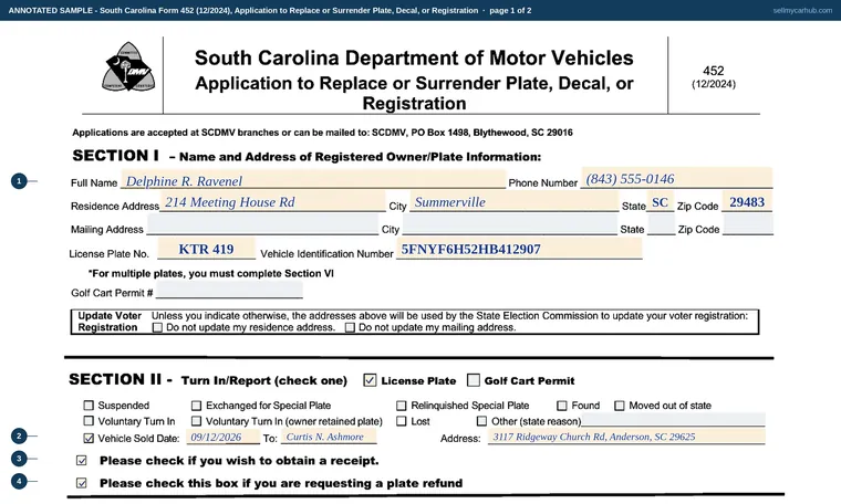 Top of page 1 of our filled-in example of South Carolina 452, Application to Replace or Surrender Plate, Decal, or Registration