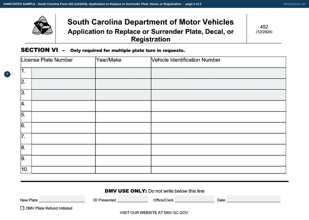 South Carolina form 452 filled in as a plate turn-in after a sale: Delphine R. Ravenel of 214 Meeting House Rd, Summerville, SC 29483, returning plate KTR 419 from a vehicle with identification number 5FNYF6H52HB412907, with the Vehicle Sold box ticked, a sale date of 12 September 2026 to Curtis N. Ashmore of 3117 Ridgeway Church Rd, Anderson, the receipt box and the plate refund box both ticked, and Section V signed and dated 14 September 2026.