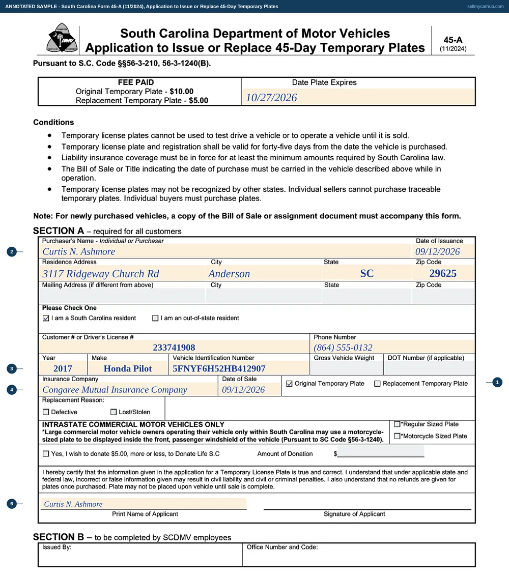 South Carolina form 45-A filled in: Curtis N. Ashmore of 3117 Ridgeway Church Rd, Anderson, SC 29625, a South Carolina resident with driver's licence 233741908, applying for an original 45-day temporary plate at ten dollars for a 2017 Honda Pilot, vehicle identification number 5FNYF6H52HB412907, insured with Congaree Mutual, purchased on 12 September 2026, issued the same day and expiring on 27 October 2026.
