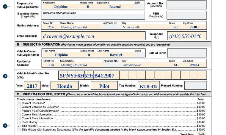 Part of page 1 of our filled-in example of South Carolina 5027-A, Request for Vehicle Information, showing the filled-in entries