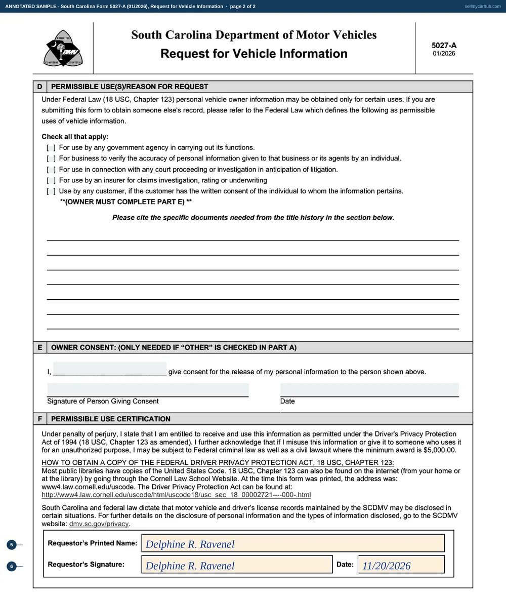 South Carolina form 5027-A filled in: Delphine R. Ravenel of 214 Meeting House Rd, Summerville, SC 29483, ticking Vehicle Owner requesting own information, naming herself as the vehicle owner on the record, giving vehicle identification number 5FNYF6H52HB412907 for a 2017 Honda Pilot with tag KTR 419, ticking Title History at ten dollars, and signing the permissible use certification, printed and dated 20 November 2026.
