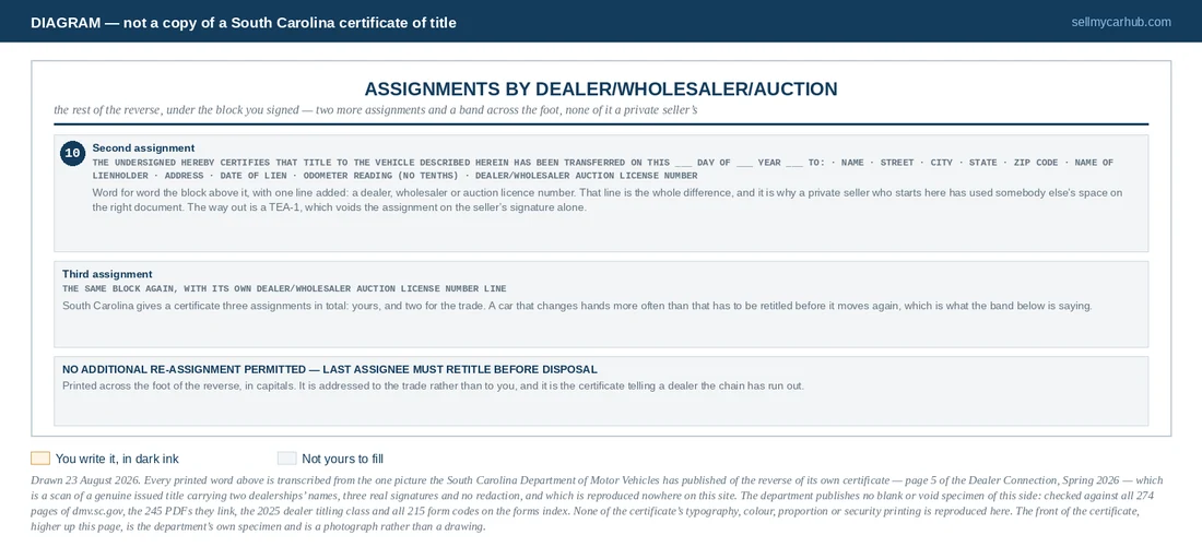 A diagram of the lower half of the reverse of a South Carolina certificate of title, entirely greyed: the heading ASSIGNMENTS BY DEALER/WHOLESALER/AUCTION over two further assignment blocks, each repeating the transfer sentence, the lienholder line, the odometer certification with its two statements and the Dealer/Wholesaler Auction License Number line, and a band across the foot reading NO ADDITIONAL RE-ASSIGNMENT PERMITTED - LAST ASSIGNEE MUST RETITLE BEFORE DISPOSAL.
