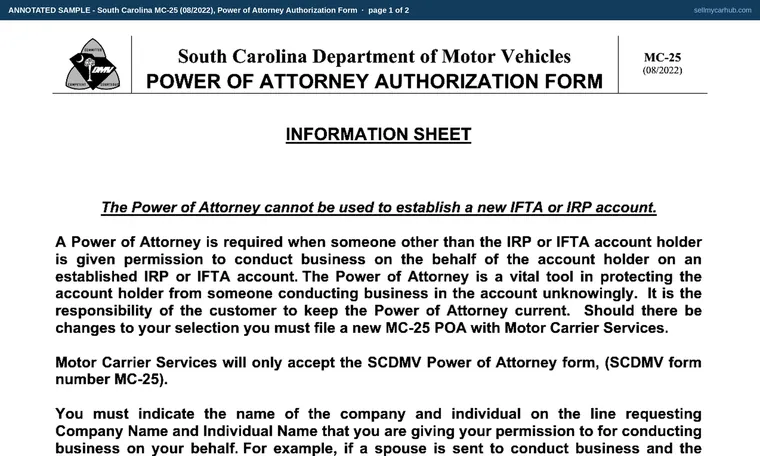 Top of page 1 of our filled-in example of South Carolina MC-25, Power of Attorney Authorization Form