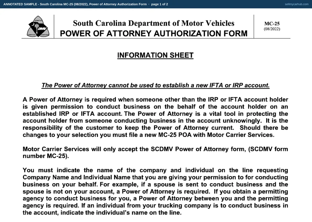 South Carolina form MC-25 filled in as the motor-carrier document it is: Ravenel Hauling LLC appoints Roland P. Dellinger of Palmetto Compliance Services, Columbia, as attorney-in-fact for IFTA and IRP matters, signed by Delphine R. Ravenel as owner on 8 October 2026 against IRP customer number 4471982, with the notarial acknowledgement block left empty for the notary to complete.