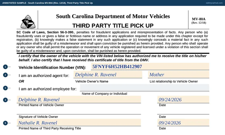 Top of our filled-in example of South Carolina MV-80A, Third Party Title Pick Up