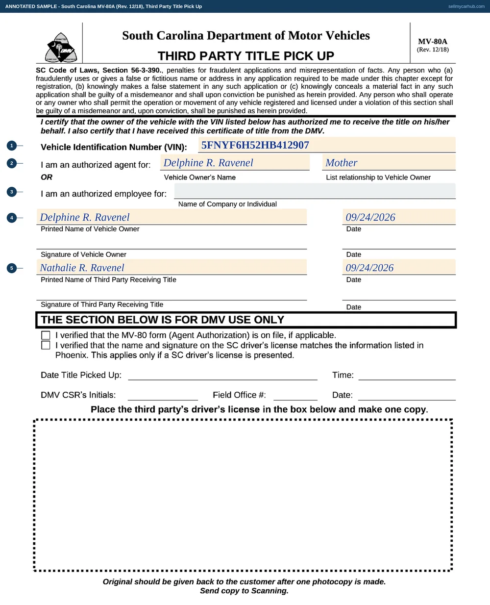 South Carolina form MV-80A filled in: vehicle identification number 5FNYF6H52HB412907, Delphine R. Ravenel named as the vehicle owner with the relationship given as mother, her printed name dated 24 September 2026, and Nathalie R. Ravenel printed as the third party receiving the title on the same date.