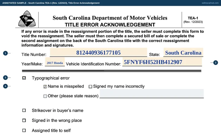 Top of our filled-in example of South Carolina TEA-1, Title Error Acknowledgement