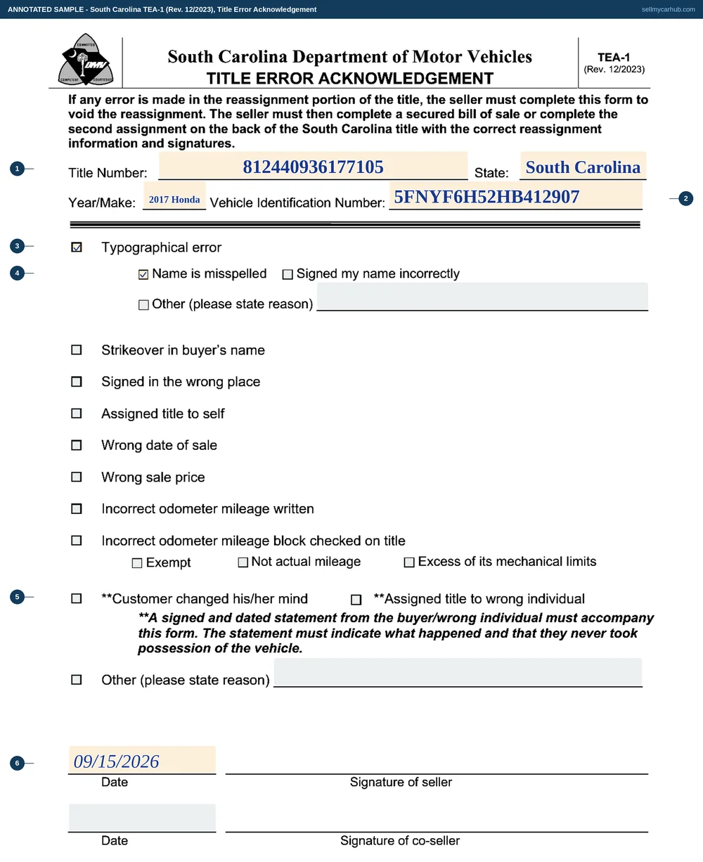 South Carolina form TEA-1 filled in: title number 812440936177105, state South Carolina, a 2017 Honda Pilot with vehicle identification number 5FNYF6H52HB412907, the typographical error box ticked with name is misspelled beneath it, and the seller's date given as 15 September 2026.
