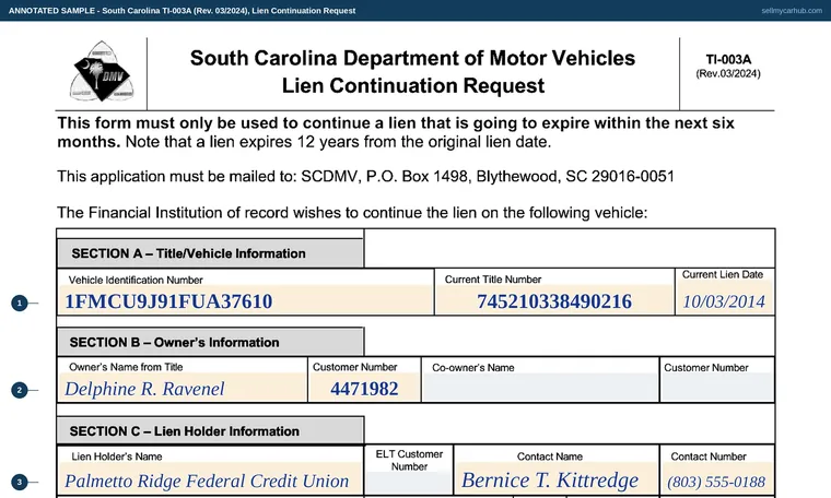Top of our filled-in example of South Carolina TI-003A, Lien Continuation Request