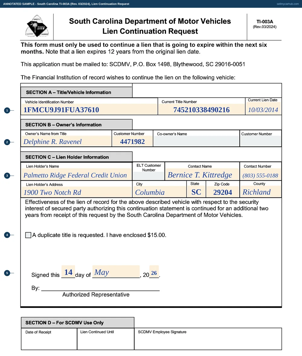 South Carolina form TI-003A filled in by a lender: Palmetto Ridge Federal Credit Union, contact Bernice T. Kittredge, requests continuation of a lien first recorded on 3 October 2014 against a 2015 Ford Escape, vehicle identification number 1FMCU9J91FUA37610, title number 745210338490216, owned by Delphine R. Ravenel, executed on the 14th day of May 2026.