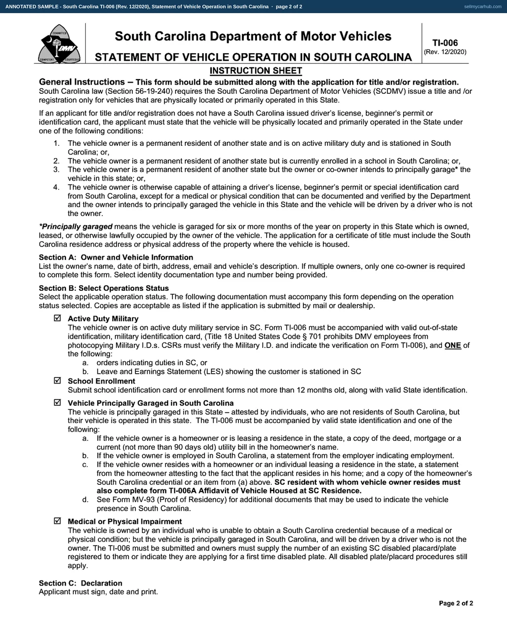 South Carolina form TI-006 filled in: Curtis N. Ashmore, born 4 March 1994, of 3117 Ridgeway Church Rd, Anderson, SC 29625, a permanent resident of Georgia holding Georgia licence 047318266, declaring that the 2017 Honda Pilot with vehicle identification number 5FNYF6H52HB412907 is principally garaged in South Carolina at that address, providing a utility bill as proof, and signing and dating the declaration on 12 September 2026.