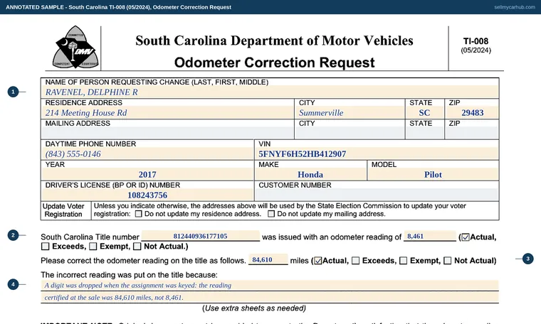 Top of our filled-in example of South Carolina TI-008, Odometer Correction Request