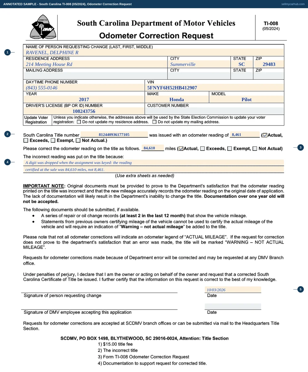 South Carolina form TI-008 filled in: Delphine R. Ravenel of 214 Meeting House Rd, Summerville, requests correction of title number 812440936177105 for a 2017 Honda Pilot, vehicle identification number 5FNYF6H52HB412907, which was issued showing 8,461 miles marked actual, to 84,610 miles marked actual, explaining that a digit was dropped when the assignment was keyed, and dated 3 October 2026.