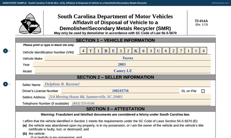 Top of our filled-in example of South Carolina TI-014A, Affidavit of Disposal of Vehicle to a Demolisher/Secondary Metals Recycler (SMR)