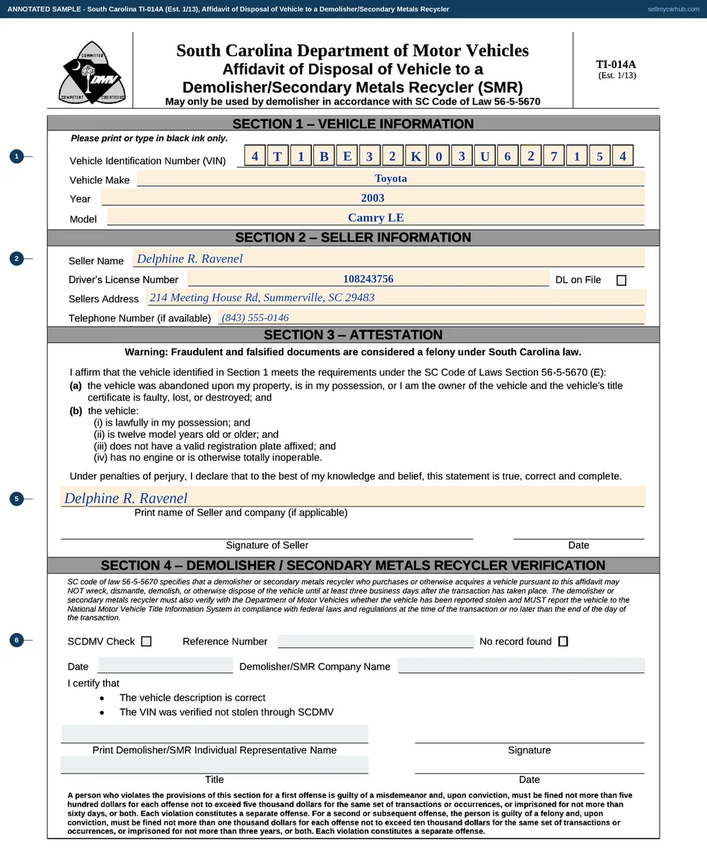 South Carolina form TI-014A filled in: a 2003 Toyota Camry, vehicle identification number 4T1BE32K03U627154, disposed of by Delphine R. Ravenel of 214 Meeting House Rd, Summerville, SC 29483, driver's licence 108243756, who attests that the vehicle is lawfully in her possession, is twelve model years old or older, has no valid registration plate affixed and is totally inoperable, with her name printed under the attestation.