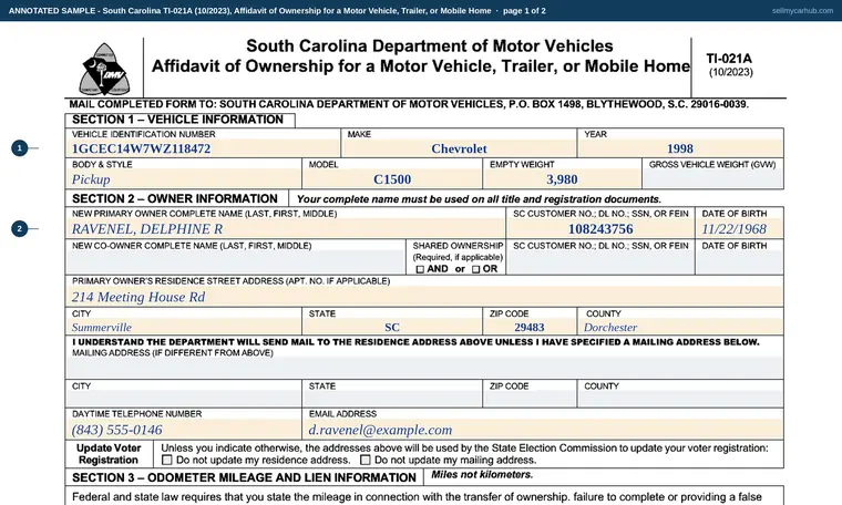 Top of page 1 of our filled-in example of South Carolina TI-021A, Affidavit of Ownership for a Motor Vehicle, Trailer, or Mobile Home