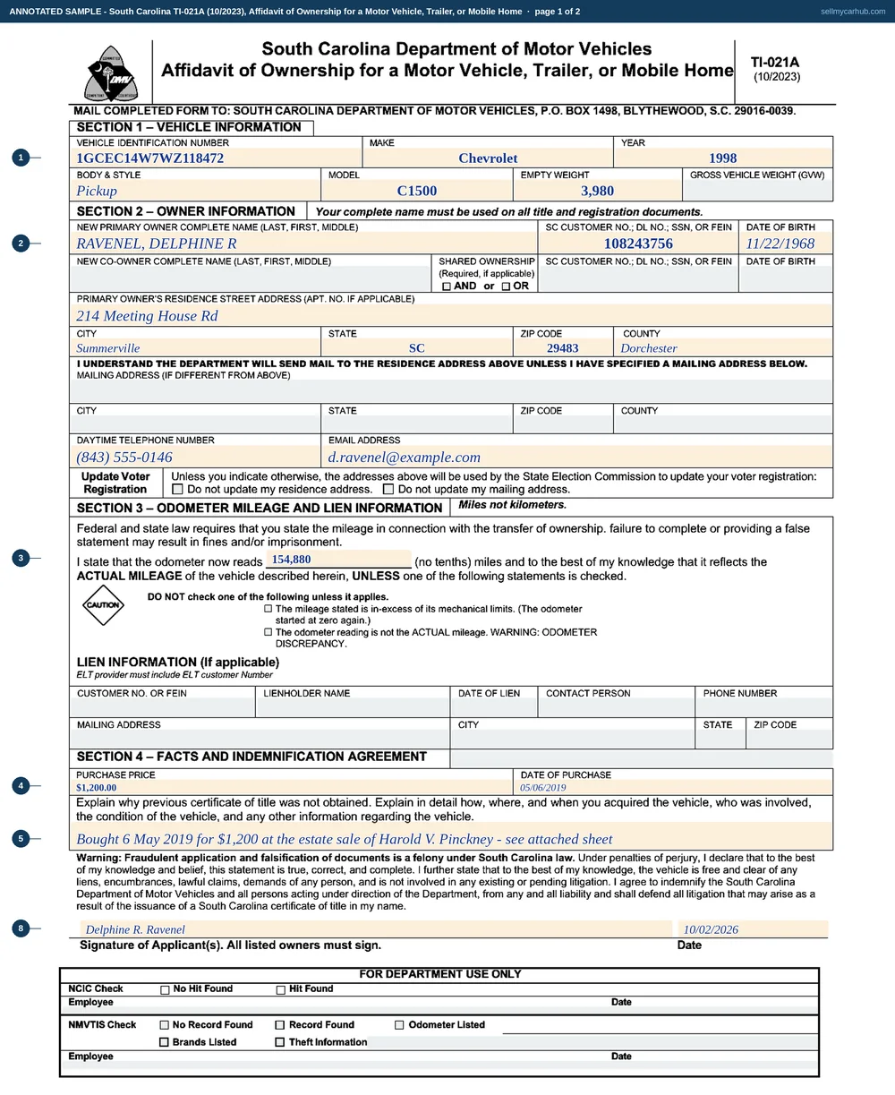 South Carolina form TI-021A filled in: Delphine R. Ravenel of Summerville applies for a title to a 1998 Chevrolet C1500 pickup, vehicle identification number 1GCEC14W7WZ118472, bought for 1,200 dollars on 6 May 2019, with an odometer reading of 154,880 and no statement checked, recording in Section 4 that it was bought on 6 May 2019 at the estate sale of Harold V. Pinckney with the detail continued on an attached sheet, and signing the indemnification agreement on 2 October 2026.