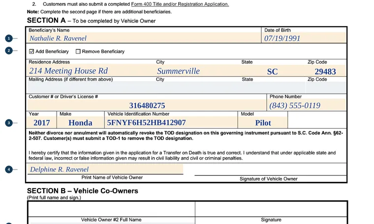 Part of page 1 of our filled-in example of South Carolina TOD-1, Application for Transfer on Death, showing the filled-in entries