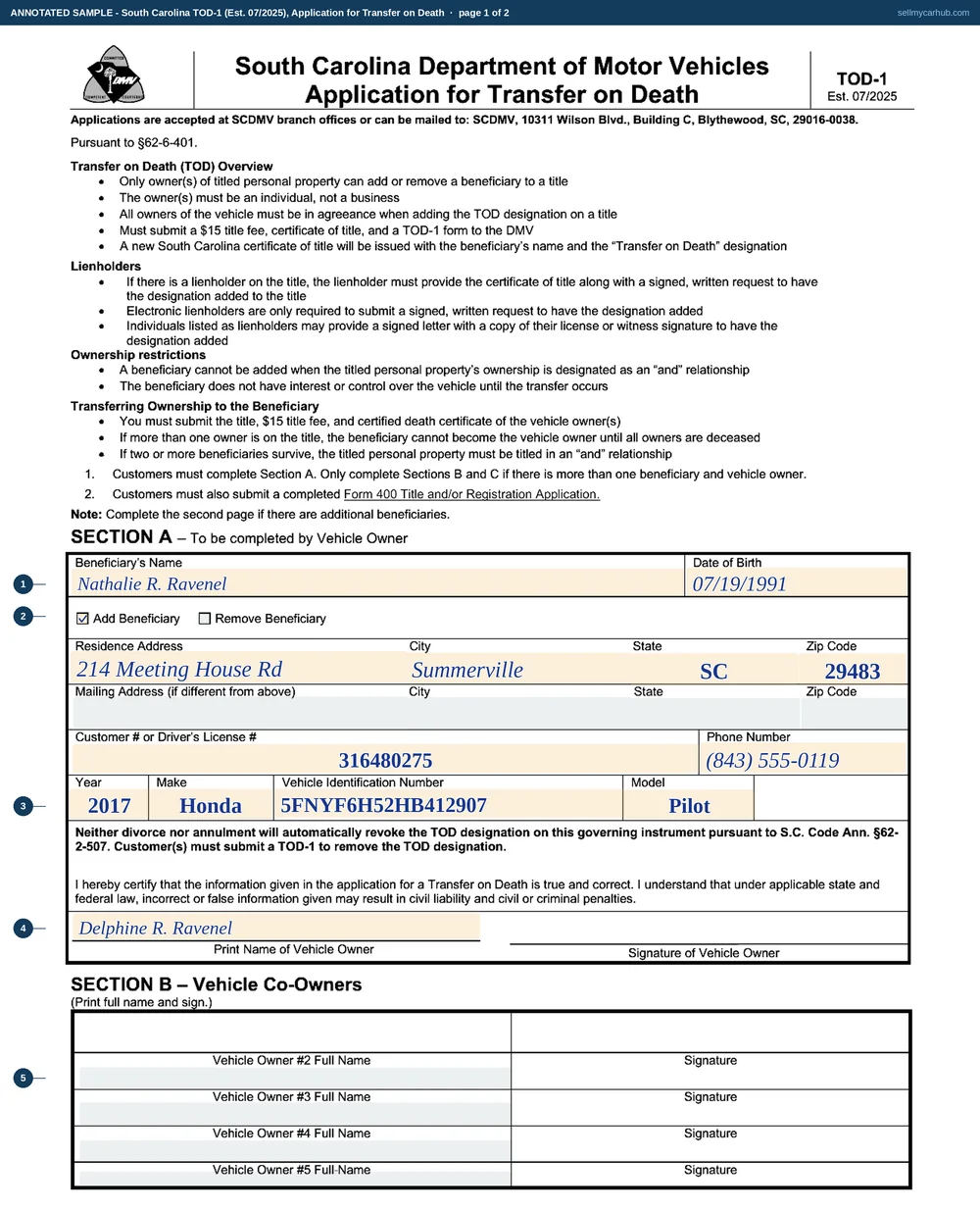 South Carolina form TOD-1 filled in: Delphine R. Ravenel of Summerville adds her daughter Nathalie R. Ravenel, born 19 July 1991, of 214 Meeting House Rd, Summerville, SC 29483, as transfer on death beneficiary of a 2017 Honda Pilot, vehicle identification number 5FNYF6H52HB412907, and prints her name on the certification.