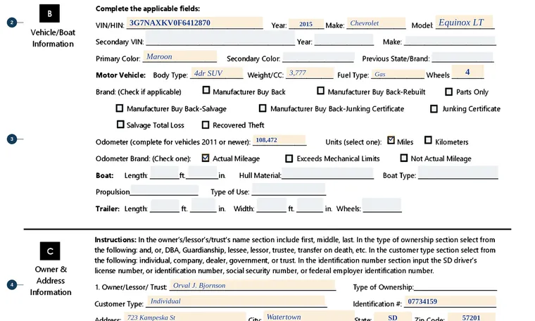 Part of page 1 of our filled-in example of South Dakota Form 1001, Motor Vehicle/Boat Title & Registration Application, showing the filled-in entries