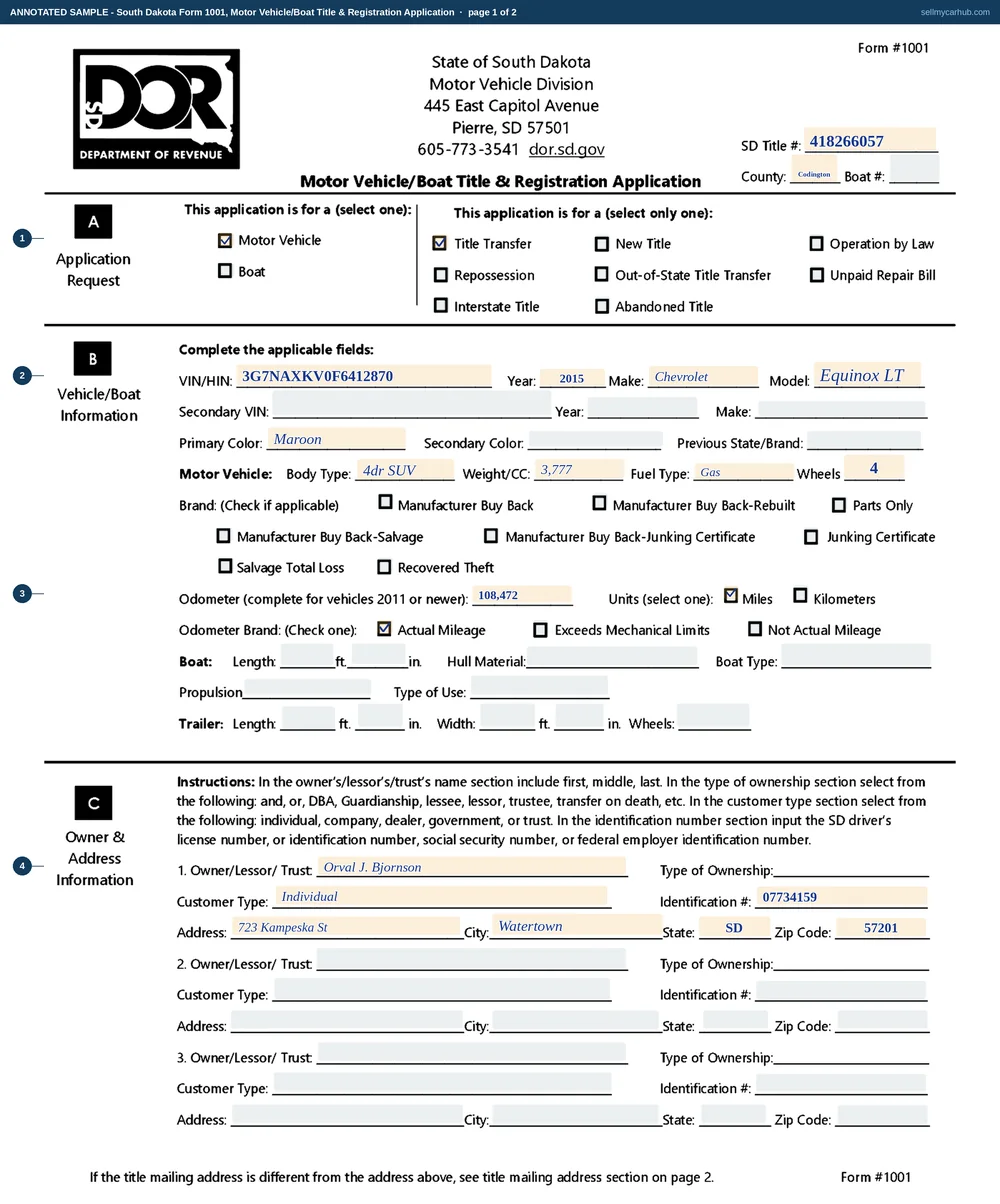 A completed South Dakota Motor Vehicle/Boat Title & Registration Application, Form 1001. Page one has Motor Vehicle and Title Transfer ticked, a 2015 Chevrolet Equinox LT identified by vehicle identification number, colour and body type, an odometer reading of 108,472 with Miles and Actual Mileage ticked, and one owner, Orval J. Bjornson of Watertown, South Dakota, entered as an individual with his driver's licence number. Page two shows a purchase date of 08/19/2026, a purchase price of $9,150.00, tax of $366.00 on line 4, the pre-printed title and technology fee of $12.00 on line 7 and a balance due of $378.00, with the trade-in, lienholder, dealer certification and exemption blocks shaded grey.