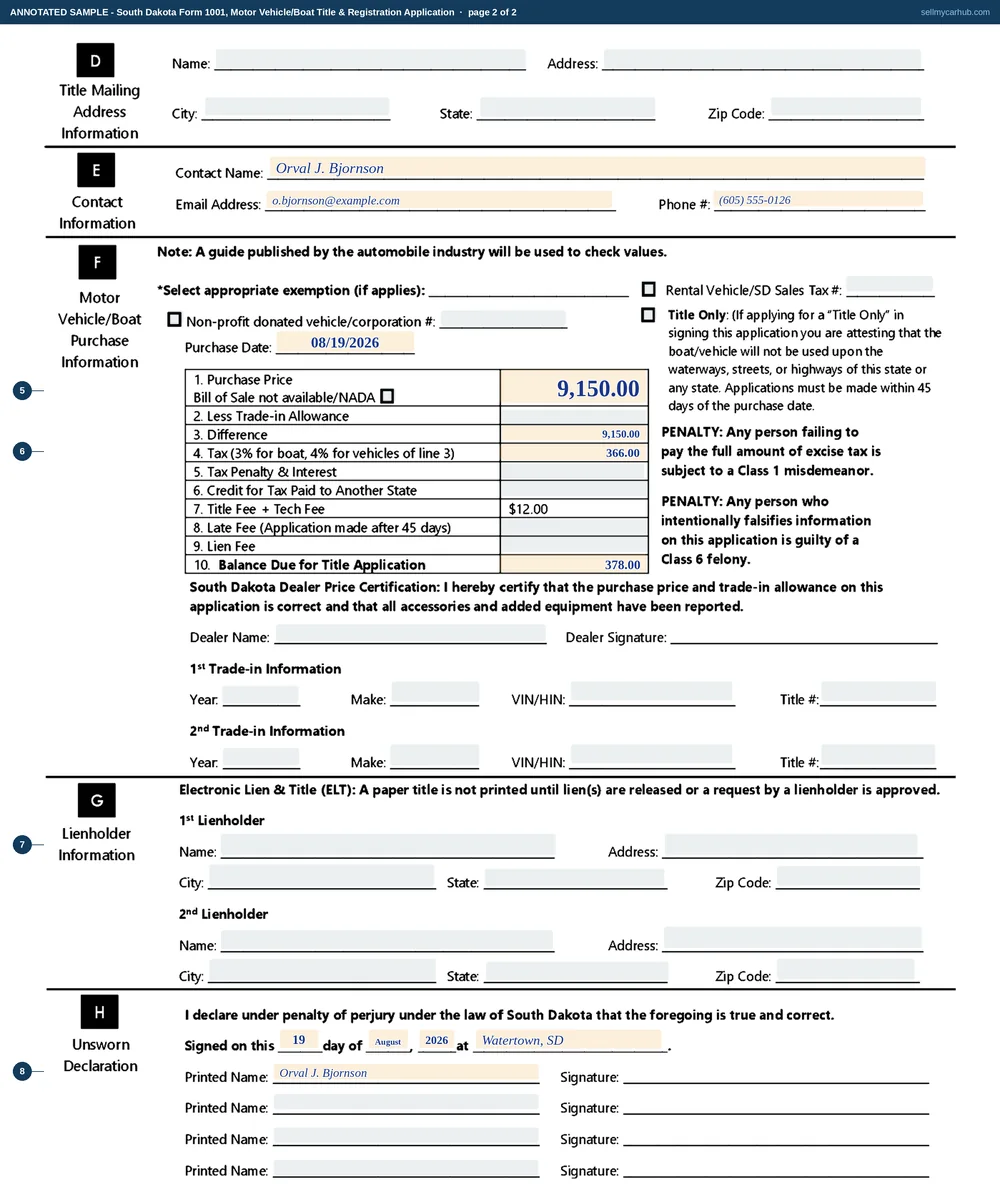 A completed South Dakota Motor Vehicle/Boat Title & Registration Application, Form 1001. Page one has Motor Vehicle and Title Transfer ticked, a 2015 Chevrolet Equinox LT identified by vehicle identification number, colour and body type, an odometer reading of 108,472 with Miles and Actual Mileage ticked, and one owner, Orval J. Bjornson of Watertown, South Dakota, entered as an individual with his driver's licence number. Page two shows a purchase date of 08/19/2026, a purchase price of $9,150.00, tax of $366.00 on line 4, the pre-printed title and technology fee of $12.00 on line 7 and a balance due of $378.00, with the trade-in, lienholder, dealer certification and exemption blocks shaded grey.