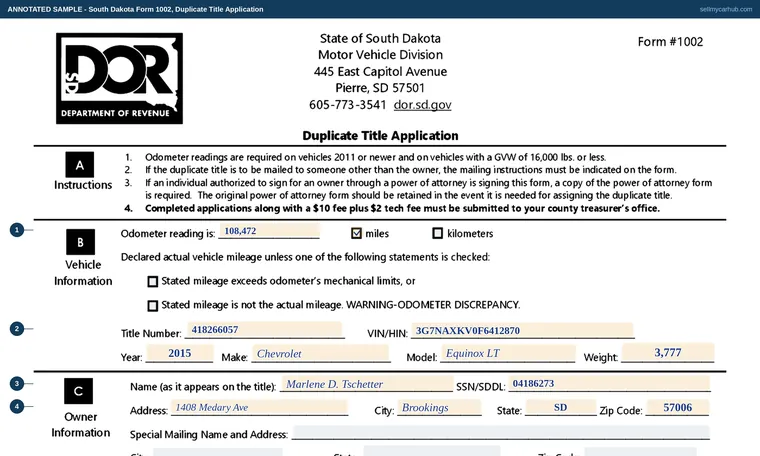Top of our filled-in example of South Dakota Form 1002, Duplicate Title Application